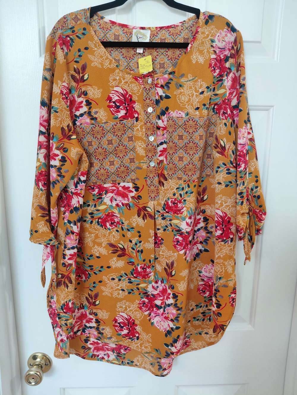 fig and flower Mustard Tunic with Pink and Red Accents